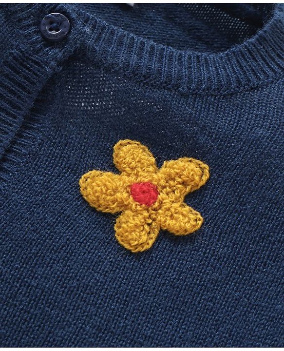 Babyhug Knit Full Sleeves Pullover Sweaters with Floral Applique - Navy