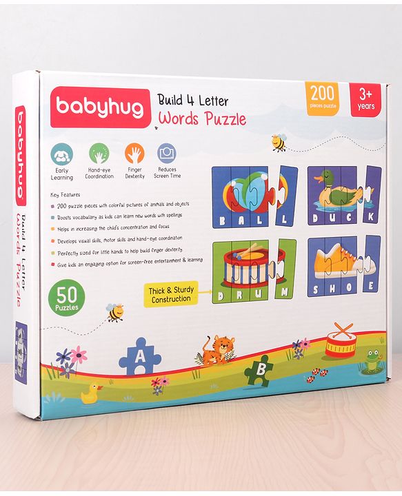 Babyhug 200 Pcs Learning Puzzles| Build 50 Puzzles of 4 Letter Word| Montessori Learning and Educational Puzzle for 3-6 Years Kids| Pre-School and Early Learning Gifting Toy| BIS Certified