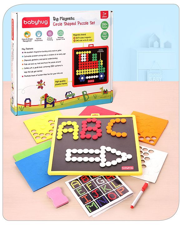 Babyhug Jumbo Magnetic Circle Puzzle Set With 250 Magnetic Tiles| Playset With Write & Wipe Feature with 200+ Patterns| 1 Sketch Pen and Duster Learning and Educational Toy for 4-6 Years Kids| Gifting Toy| BIS Certified