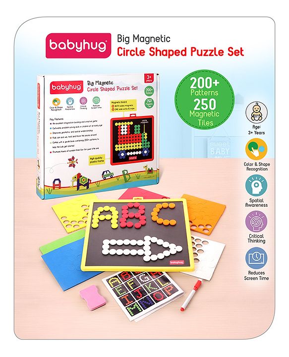 Babyhug Jumbo Magnetic Circle Puzzle Set With 250 Magnetic Tiles| Playset With Write & Wipe Feature with 200+ Patterns| 1 Sketch Pen and Duster Learning and Educational Toy for 4-6 Years Kids| Gifting Toy| BIS Certified