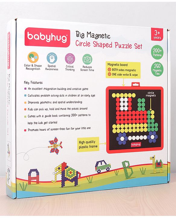 Babyhug Jumbo Magnetic Circle Puzzle Set With 250 Magnetic Tiles| Playset With Write & Wipe Feature with 200+ Patterns| 1 Sketch Pen and Duster Learning and Educational Toy for 4-6 Years Kids| Gifting Toy| BIS Certified