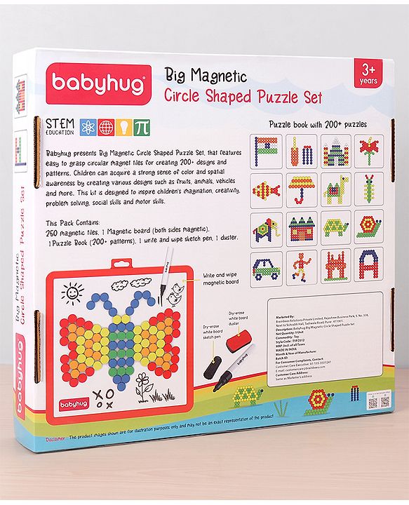 Babyhug Jumbo Magnetic Circle Puzzle Set With 250 Magnetic Tiles| Playset With Write & Wipe Feature with 200+ Patterns| 1 Sketch Pen and Duster Learning and Educational Toy for 4-6 Years Kids| Gifting Toy| BIS Certified