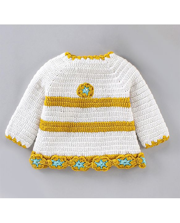Babyhug Full Sleeves Color Block Woollen Dress with Cap Star Design - Off White Yellow