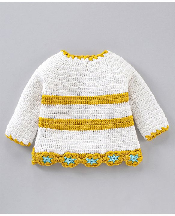Babyhug Full Sleeves Color Block Woollen Dress with Cap Star Design - Off White Yellow