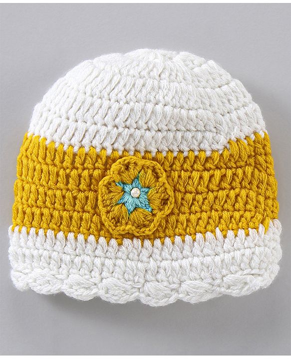 Babyhug Full Sleeves Color Block Woollen Dress with Cap Star Design - Off White Yellow