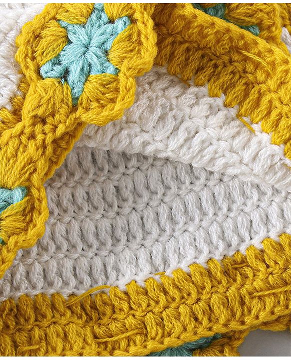 Babyhug Full Sleeves Color Block Woollen Dress with Cap Star Design - Off White Yellow