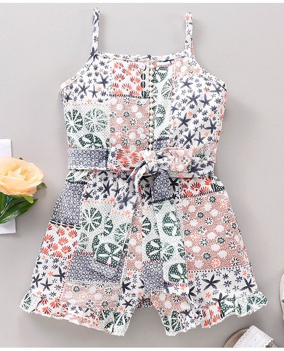Babyhug 100% Cotton Singlet Sleeves Jumpsuit Multi Print  - Multicolor