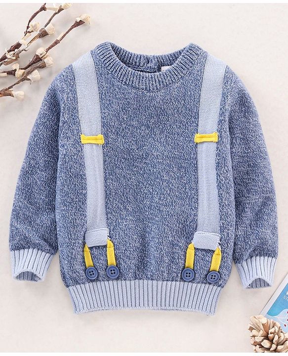 Babyhug Full Sleeves Cotton Knit Sweater Placement Print - Blue