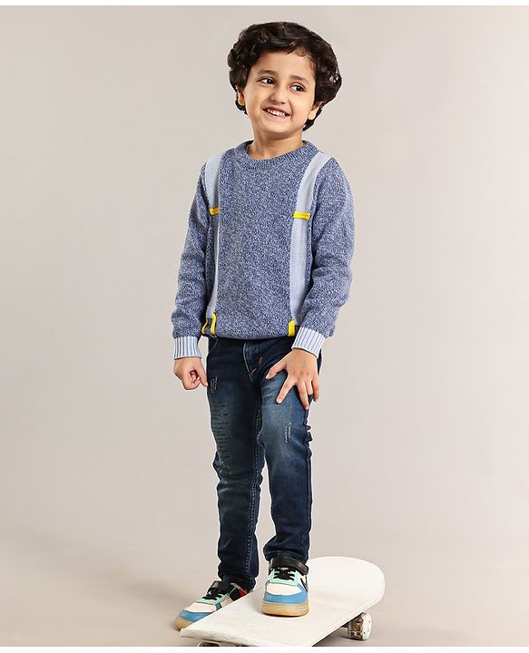 Babyhug Full Sleeves Cotton Knit Sweater Placement Print - Blue