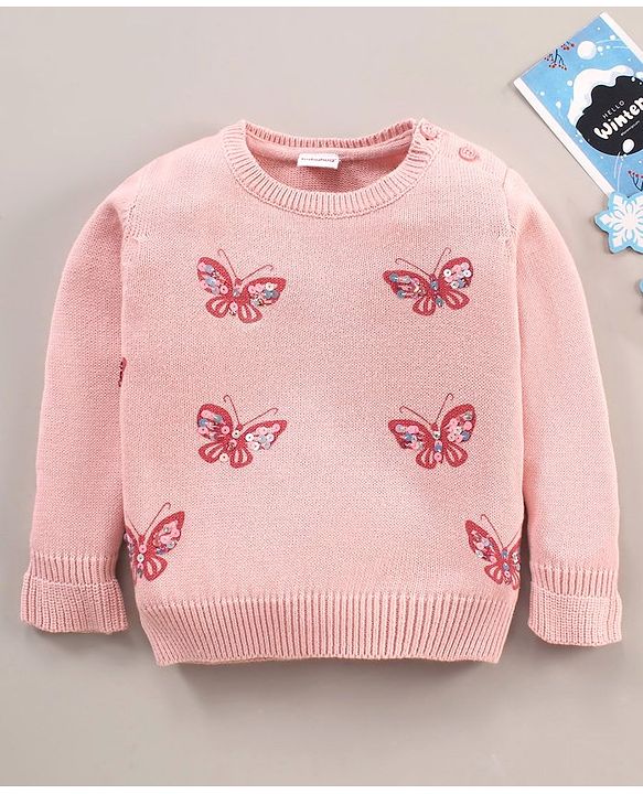 Babyhug Cotton Knit Full Sleeves Sequins Butterfly Sweater - Pink