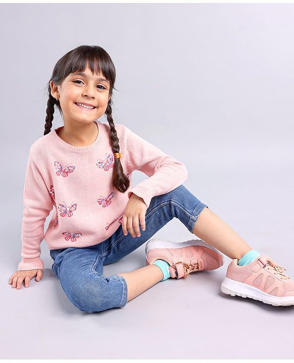 Babyhug Cotton Knit Full Sleeves Sequins Butterfly Sweater - Pink