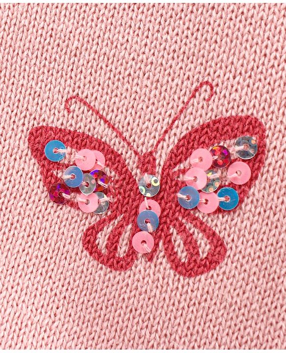 Babyhug Cotton Knit Full Sleeves Sequins Butterfly Sweater - Pink