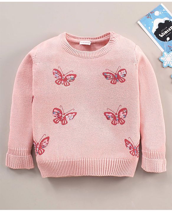 Babyhug Cotton Knit Full Sleeves Sequins Butterfly Sweater - Pink