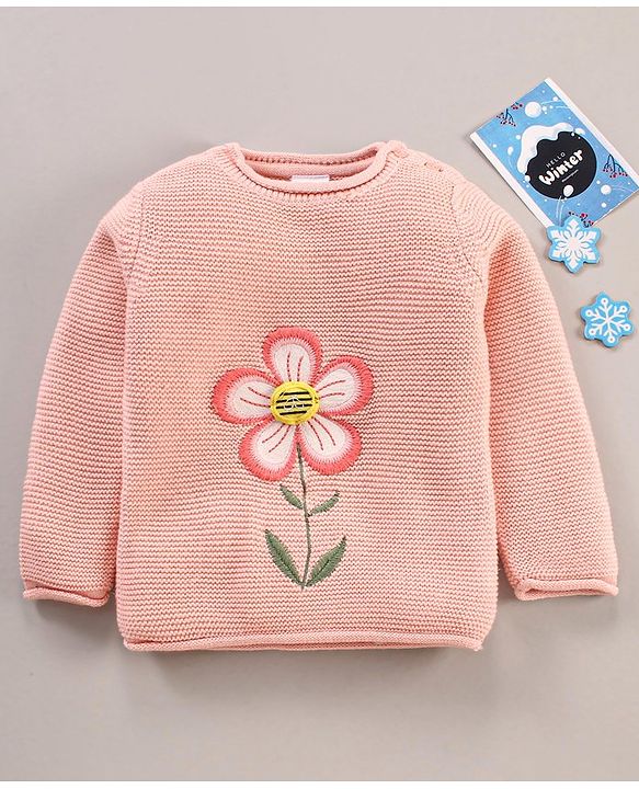 Babyhug Cotton Knit Full Sleeves Floral Embroidery Sweater - Pink