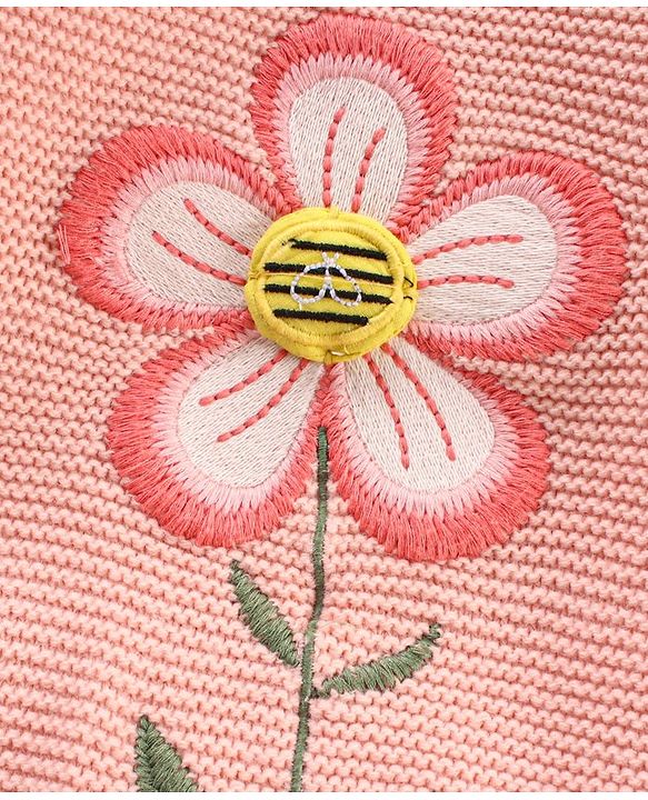 Babyhug Cotton Knit Full Sleeves Floral Embroidery Sweater - Pink