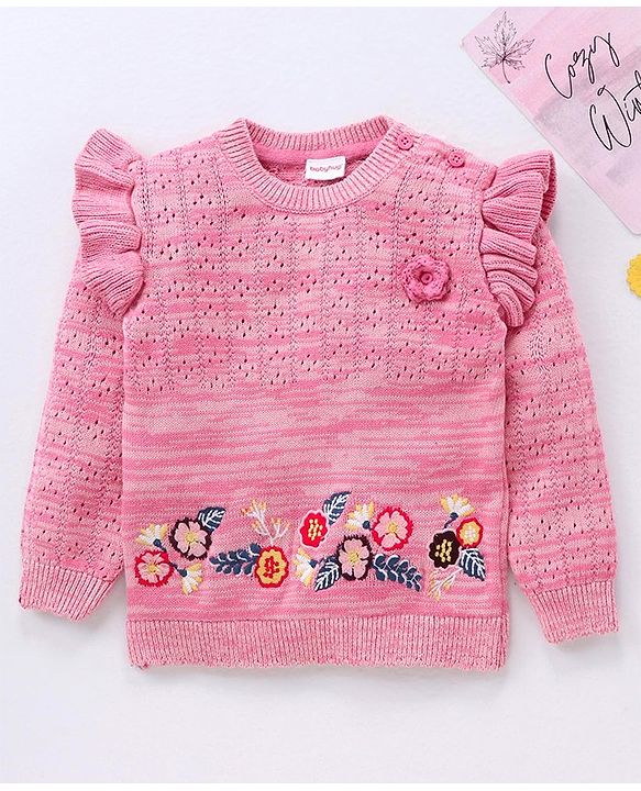 Babyhug Cotton Knit Full Sleeves Pullovers Floral Design - Pink