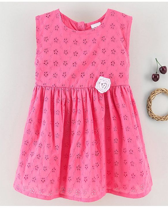 Babyhug Sleeveless 100% Cotton Hakoba Frock With Flower Applique - Pink