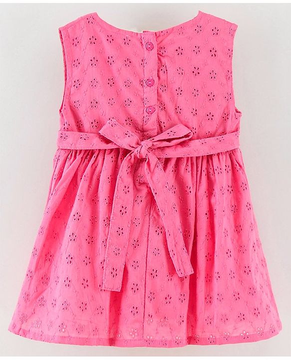Babyhug Sleeveless 100% Cotton Hakoba Frock With Flower Applique - Pink