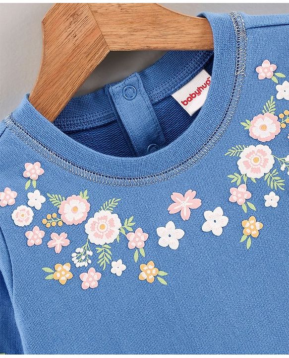 Babyhug Full Sleeves Sweatshirt Floral Graphics & Frill Detailing at Pocket - Blue
