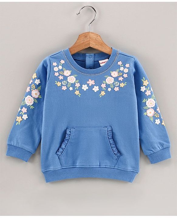 Babyhug Full Sleeves Sweatshirt Floral Graphics & Frill Detailing at Pocket - Blue