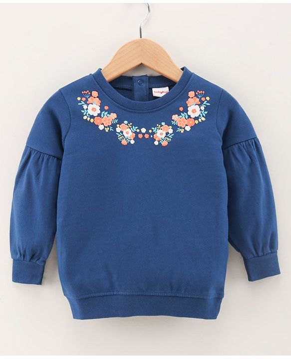 Babyhug Full Sleeves Sweatshirt Floral Print & Balloon Sleeves- Navy Blue