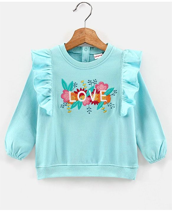 Babyhug Full Sleeves Sweatshirt with Embroidery & Frill Detailing - Sky Blue
