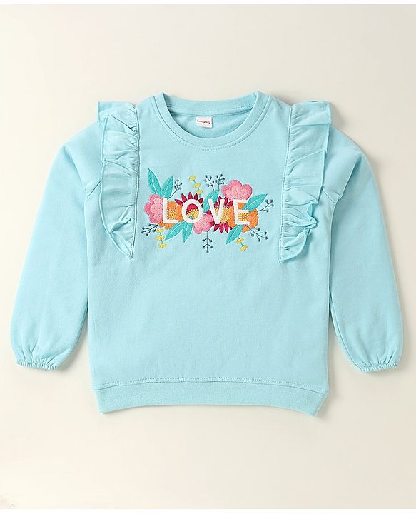 Babyhug Full Sleeves Sweatshirt with Embroidery & Frill Detailing - Sky Blue