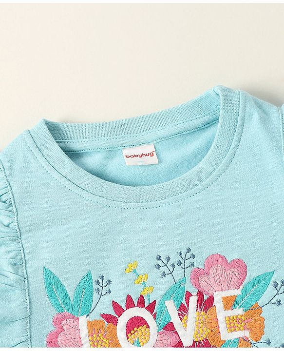 Babyhug Full Sleeves Sweatshirt with Embroidery & Frill Detailing - Sky Blue