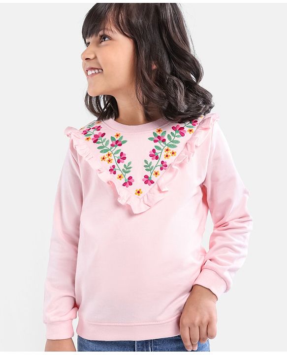 Babyhug Full Sleeves Sweatshirt with Embroidery & Frill Detailing - Pink