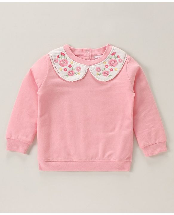 Babyhug Full Sleeves Sweatshirt with Floral Embroidery & Peter Pan Collar - Pink