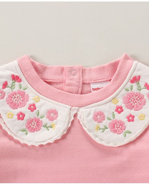 Babyhug Full Sleeves Sweatshirt with Floral Embroidery & Peter Pan Collar - Pink