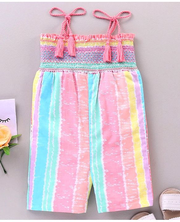 Babyhug Singlet Sleeves 100% Cotton Capri Length Jumpsuit - Multicolor