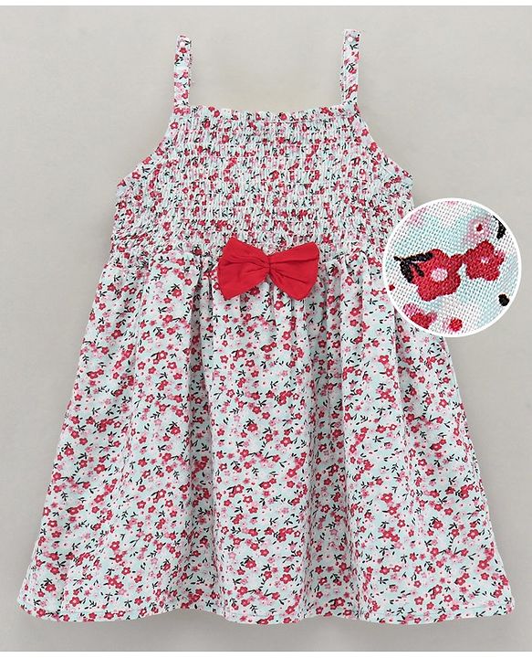 Babyhug Singlet Sleeves Rayon Twill Gathered Smocking Frock with Cotton Floral Print and Bow Applique - Red