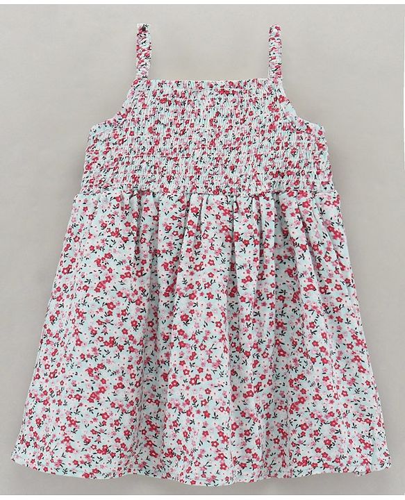 Babyhug Singlet Sleeves Rayon Twill Gathered Smocking Frock with Cotton Floral Print and Bow Applique - Red