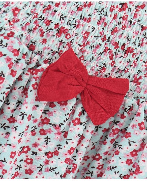 Babyhug Singlet Sleeves Rayon Twill Gathered Smocking Frock with Cotton Floral Print and Bow Applique - Red