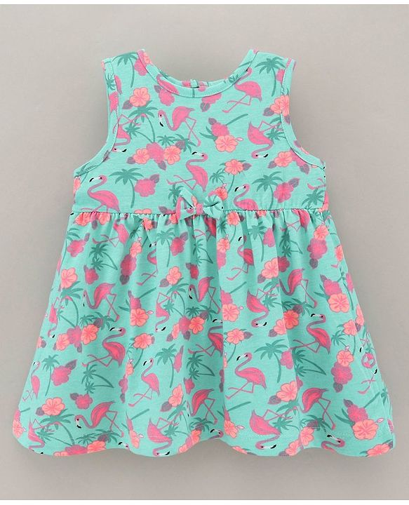 Babyhug Sleeveless 100% Cotton Frock Flamingo Print - Mint