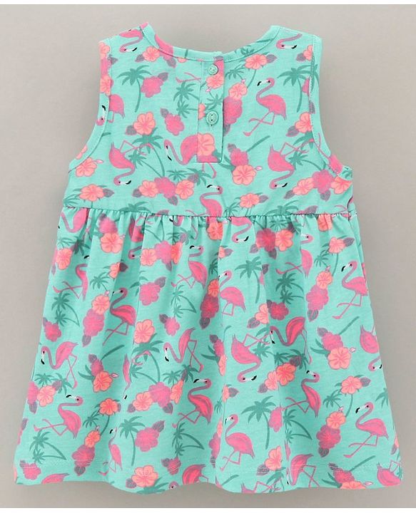 Babyhug Sleeveless 100% Cotton Frock Flamingo Print - Mint