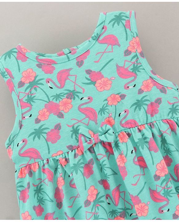 Babyhug Sleeveless 100% Cotton Frock Flamingo Print - Mint