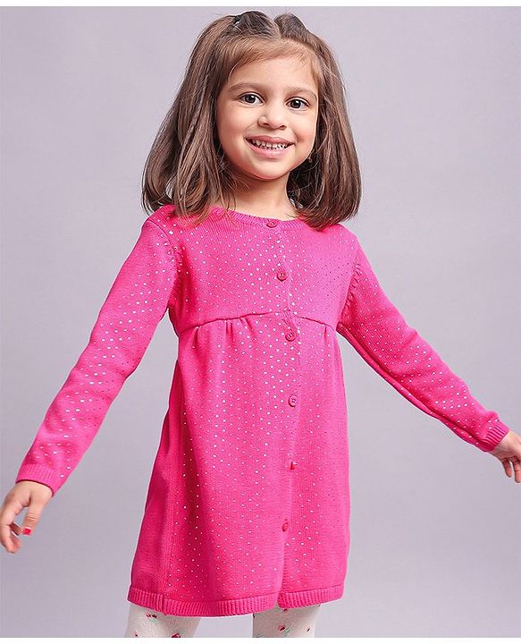 Babyhug Cotton Knit Full Sleeves Dots Printed Woollen Dress - Pink