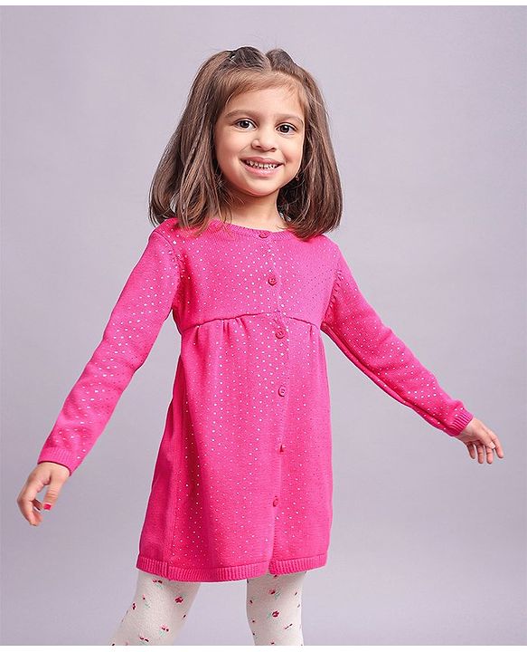 Babyhug Cotton Knit Full Sleeves Dots Printed Woollen Dress - Pink