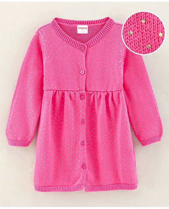 Babyhug Cotton Knit Full Sleeves Dots Printed Woollen Dress - Pink