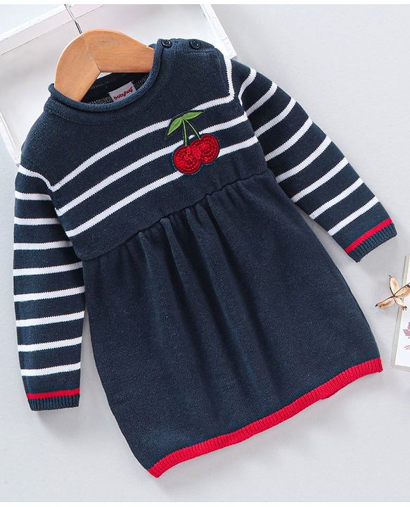 Babyhug Full Sleeves Knit Woollen Dress Cherry Patch - Navy Blue