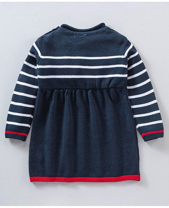 Babyhug Full Sleeves Knit Woollen Dress Cherry Patch - Navy Blue