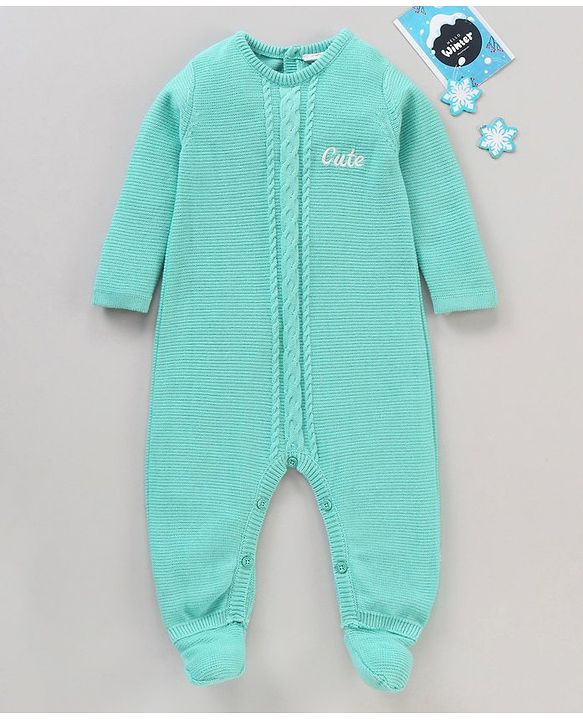 Babyhug Cotton Knit Full Sleeves Sweater Knit Winter Wear Romper - Aqua