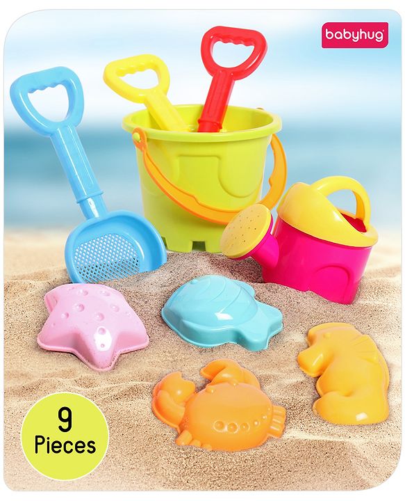 Babyhug 9 Pcs Beach Toys for Toddlers | Durable Sand Kit Play Set with Bucket, Shovels & Molds | Outdoor Summer Fun & Creative Play | Perfect for Beach & Gardening | Multicolor | BIS Certified