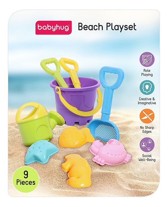 Babyhug 9 Pcs Beach Toys for Toddlers | Durable Sand Kit Play Set with Bucket, Shovels & Molds | Outdoor Summer Fun & Creative Play | Perfect for Beach & Gardening | Multicolor | BIS Certified