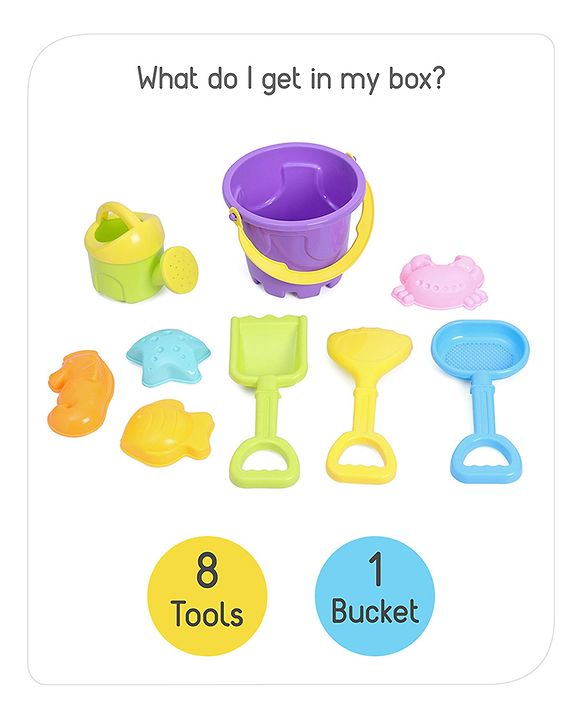 Babyhug 9 Pcs Beach Toys for Toddlers | Durable Sand Kit Play Set with Bucket, Shovels & Molds | Outdoor Summer Fun & Creative Play | Perfect for Beach & Gardening | Multicolor | BIS Certified