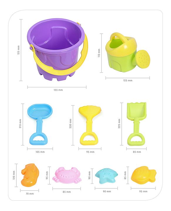 Babyhug 9 Pcs Beach Toys for Toddlers | Durable Sand Kit Play Set with Bucket, Shovels & Molds | Outdoor Summer Fun & Creative Play | Perfect for Beach & Gardening | Multicolor | BIS Certified