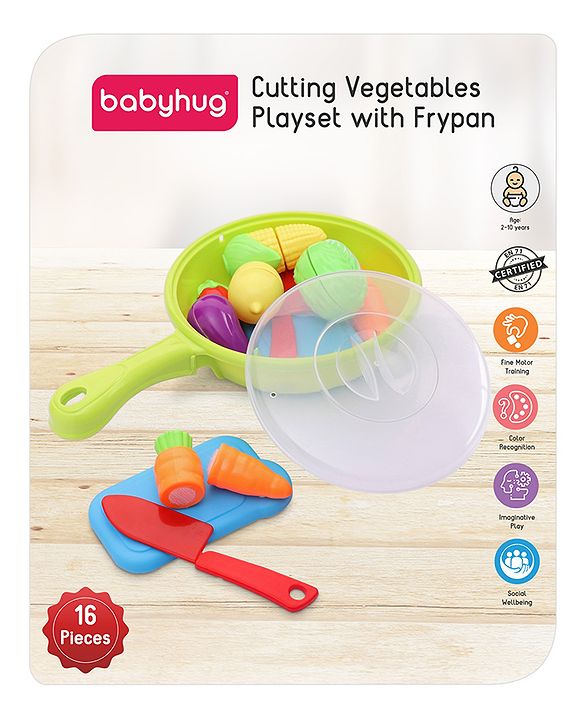 Babyhug Vegetables Cutting Playset with Frypan - 16 Pieces | Realistic Pretend Play Kitchen Set for Kids | Boosts Creativity & Role-Play Learning | BIS Certified
