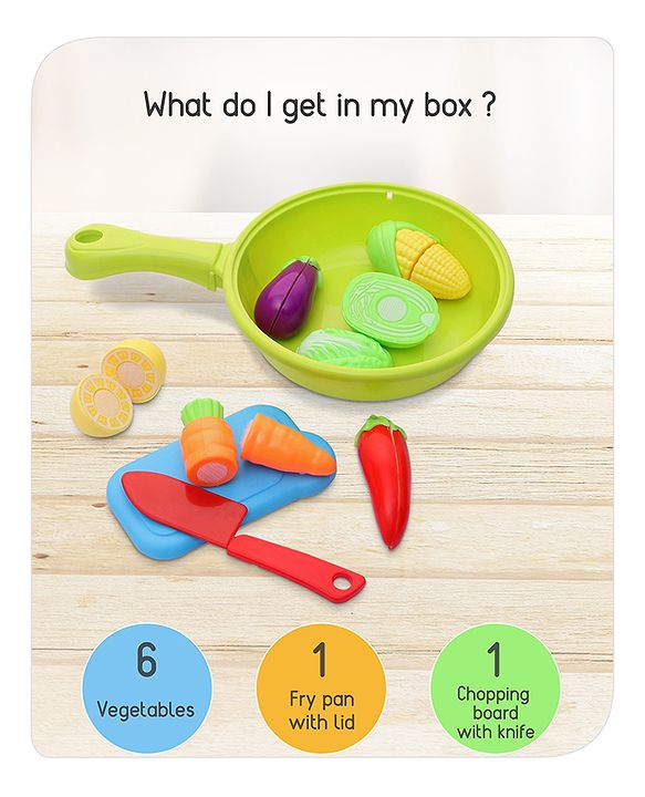 Babyhug Vegetables Cutting Playset with Frypan - 16 Pieces | Realistic Pretend Play Kitchen Set for Kids | Boosts Creativity & Role-Play Learning | BIS Certified